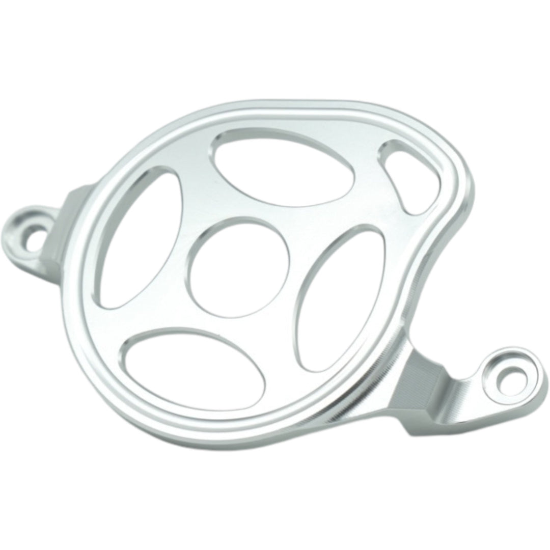 Silver anodized metal bicycle chain guide with mounting holes on white background.