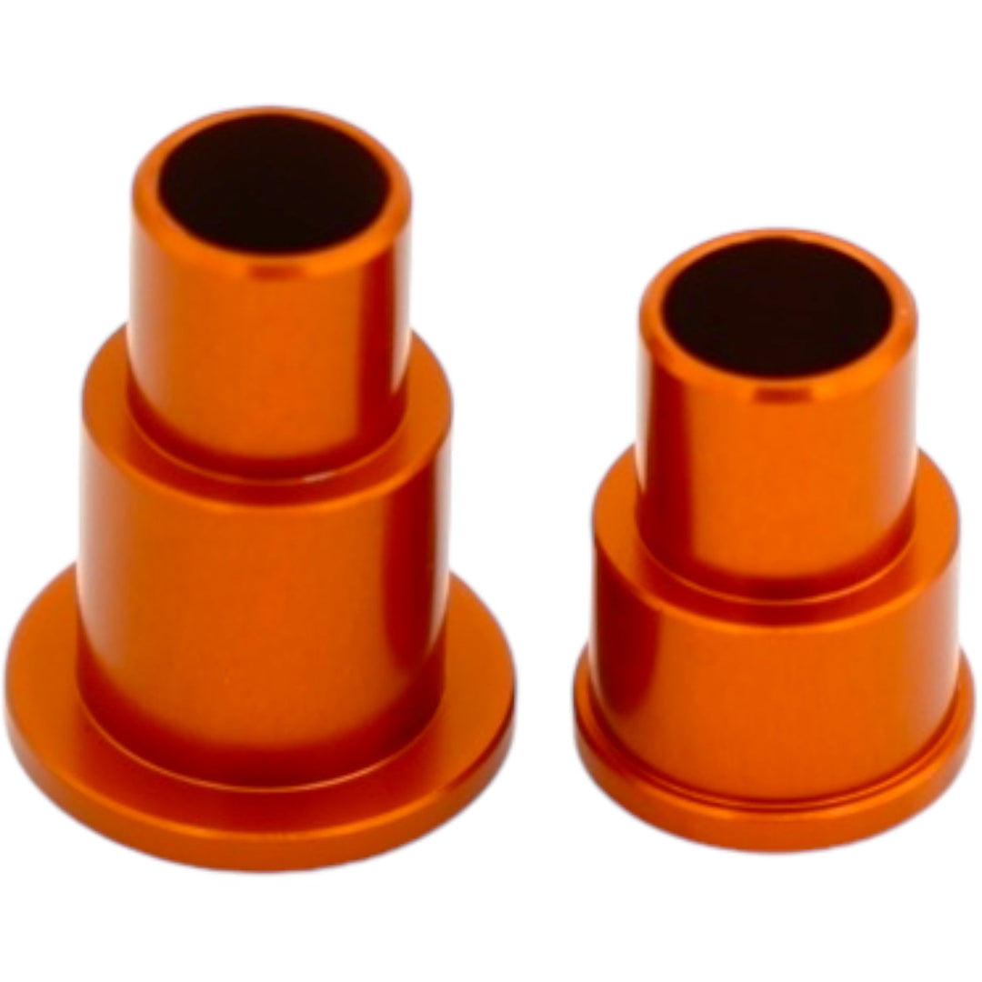 Orange anodized hub axle spacers pair for motorcycle wheel alignment, CNC aluminum