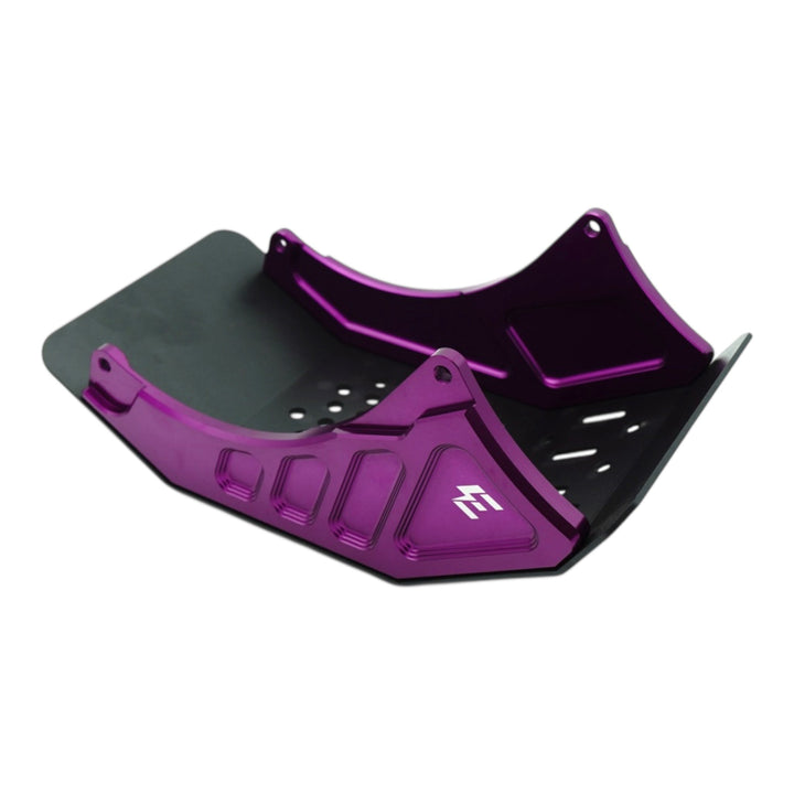 Purple anodized motorcycle skid plate with black vented protector, bolt-on