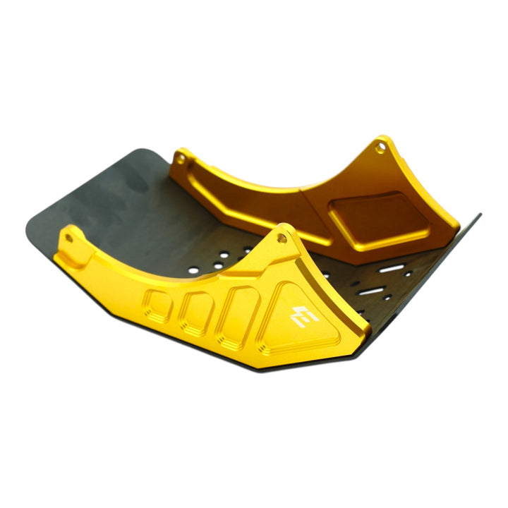 Gold anodized motorcycle skid plate with black vented guard, bolt-on design